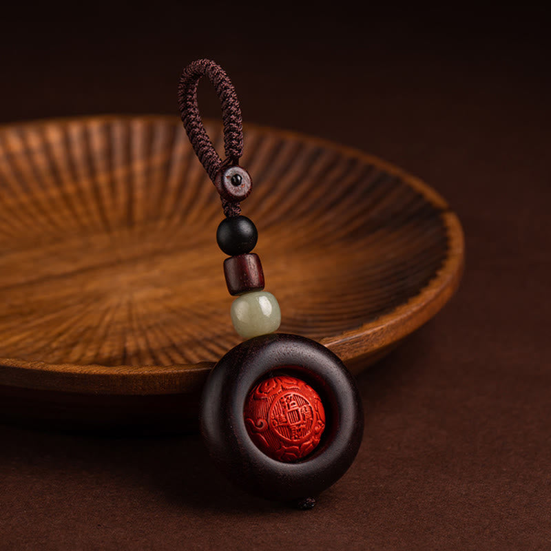 Tibet Om Mani Padme Hum PiXiu Copper Coin Small Leaf Red Sandalwood Cinnabar Protection Key Chain