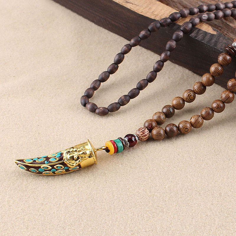 Tibet Wenge Wood Om Mani Padme Hum OM Symbol Mantra Horn Pattern Protection Necklace Pendant