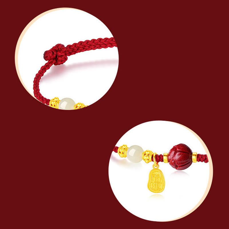 Fu Character Jade Cinnabar 24K Gold Plated Luck Red String Bracelet