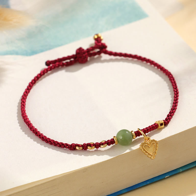 925 Sterling Silver Hetian Jade Bead Copper Coin Love Heart Charm Luck Bracelet