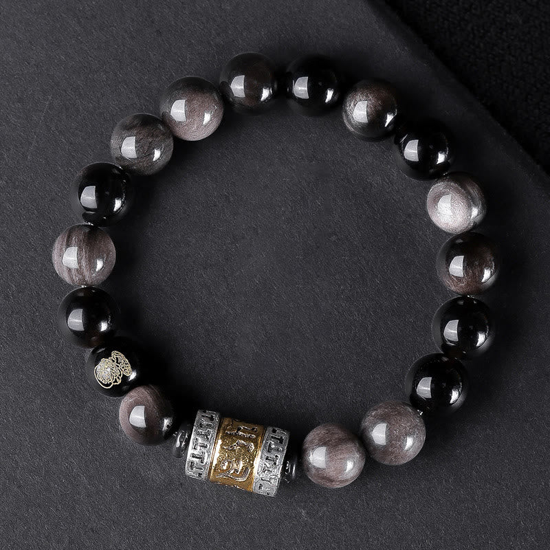 Natural Silver Sheen Obsidian Tiger's Eye Six True Words 'Om Mani Padme Hum' Strength Bracelet