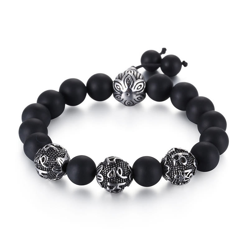 Natural Tiger Eye Lava Rock Black Obsidian Titanium Steel Six-True-Words Om Mani Padme Hum Protection Bracelet