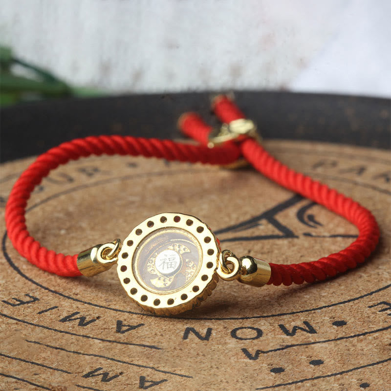 Copper Brass Color Rotatable Windmill Feng Sheng Shui Qi Fu Red String Faith Braided Bracelet