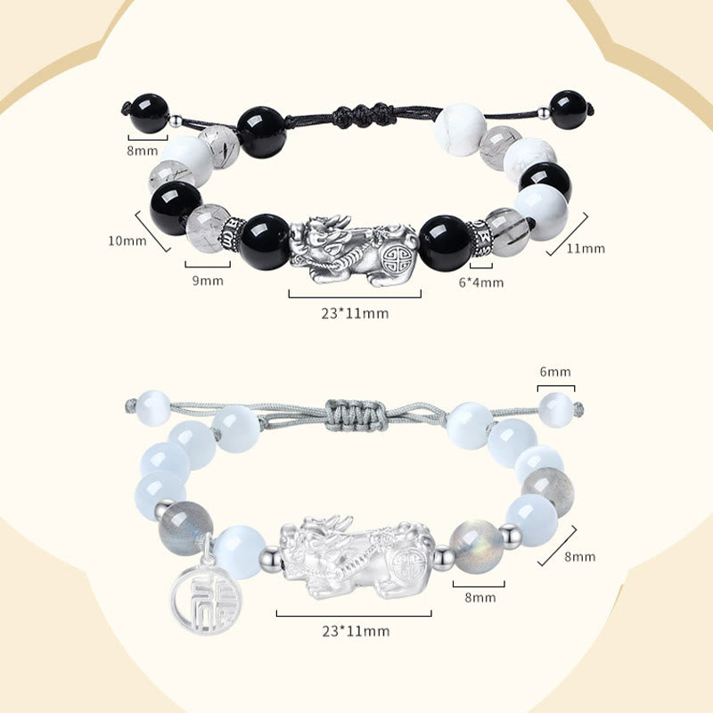 Pi Xiu Six True Words 999 Sterling Silver Black Obsidian White Turquoise Chrysoberyl Luck Bracelet