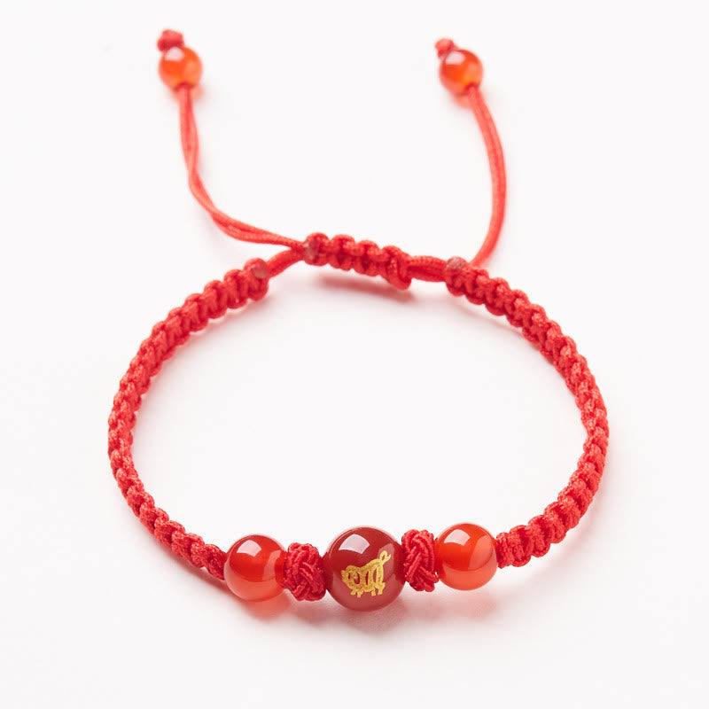 Natural Red Agate Chinese Zodiac Red String Braided Protection Luck Bracelet