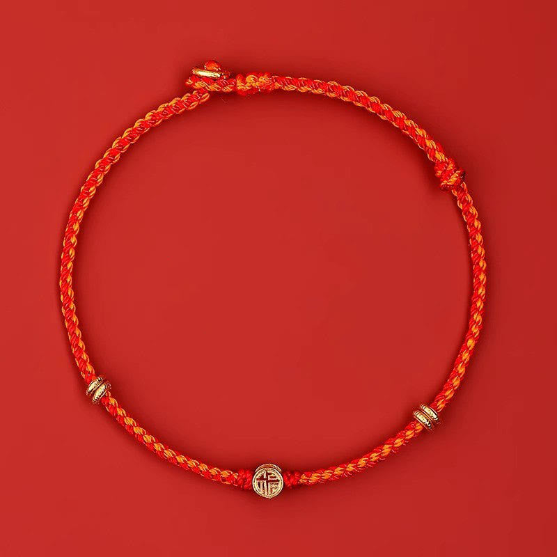 Handmade Braided Red String 925 Sterling Silver Fu Character Luck Bracelet