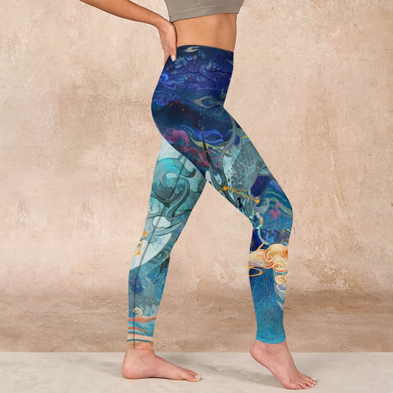 Blue Dragon Auspicious Clouds Print Gym Leggings Women's Yoga Pants