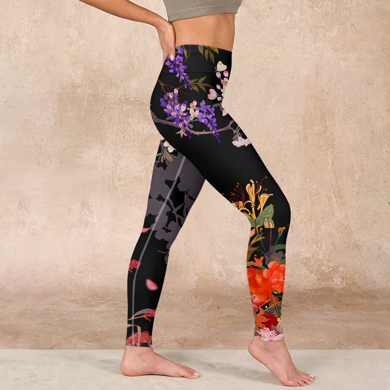 Black Colorful Flowers Print Gym Leggings Women's Yoga Pants
