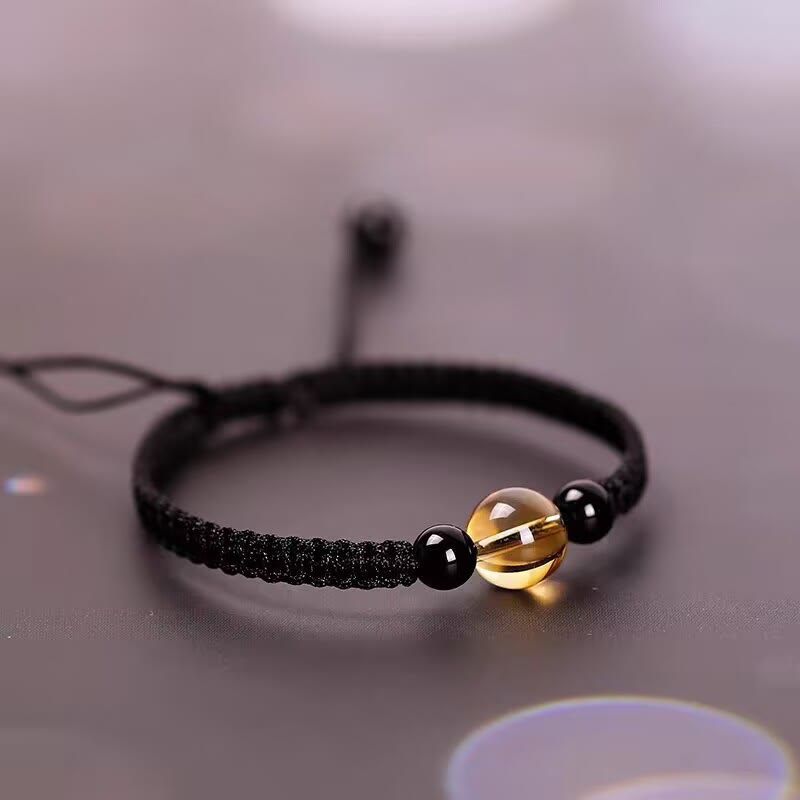 Handcrafted Citrine Black Obsidian Bead King Kong Knot Peace Knot Luck Rope Bracelet