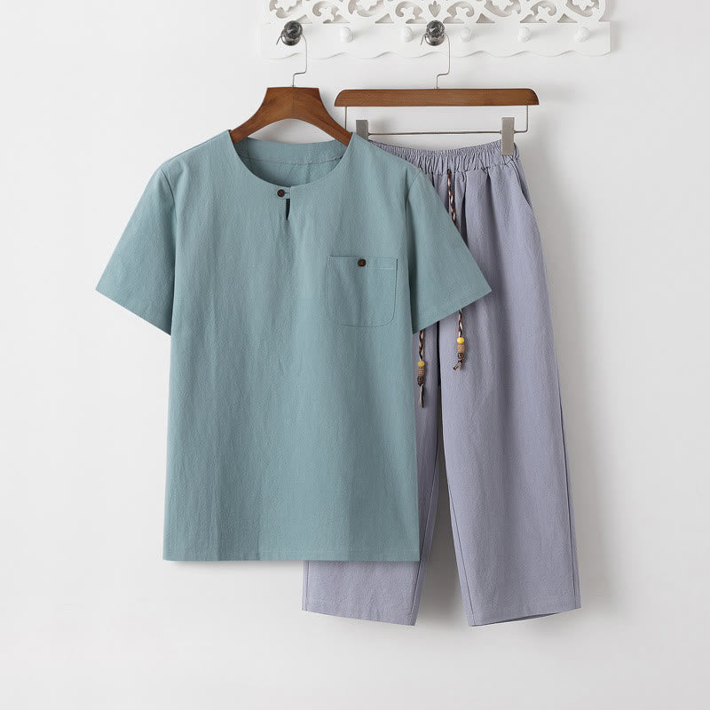 Summer 2Pcs Plain Short Sleeve T-Shirt 7-8 Length Pants Cotton Linen Tang Suit Men's Meditation Cloth Set With Pockets