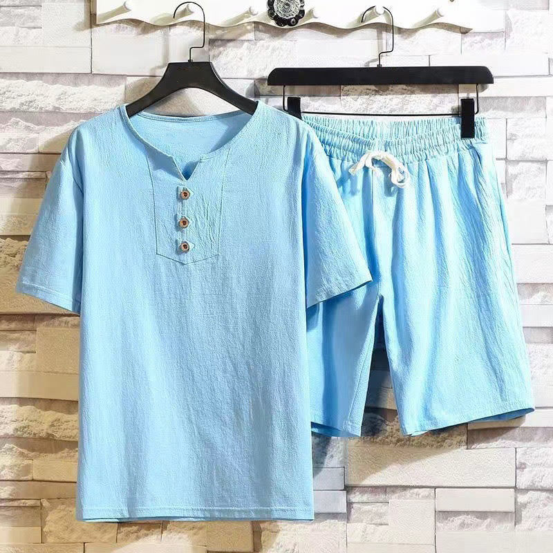 2Pcs Short Sleeve T-Shirt Drawstring Short Pants With Pockets Men's Cotton Linen Meditation Cloth Set