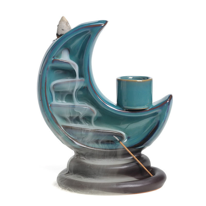 Blue Crescent Moon Ceramic Backflow Smoke Fountain Meditation Candlestick Incense Burner Decoration