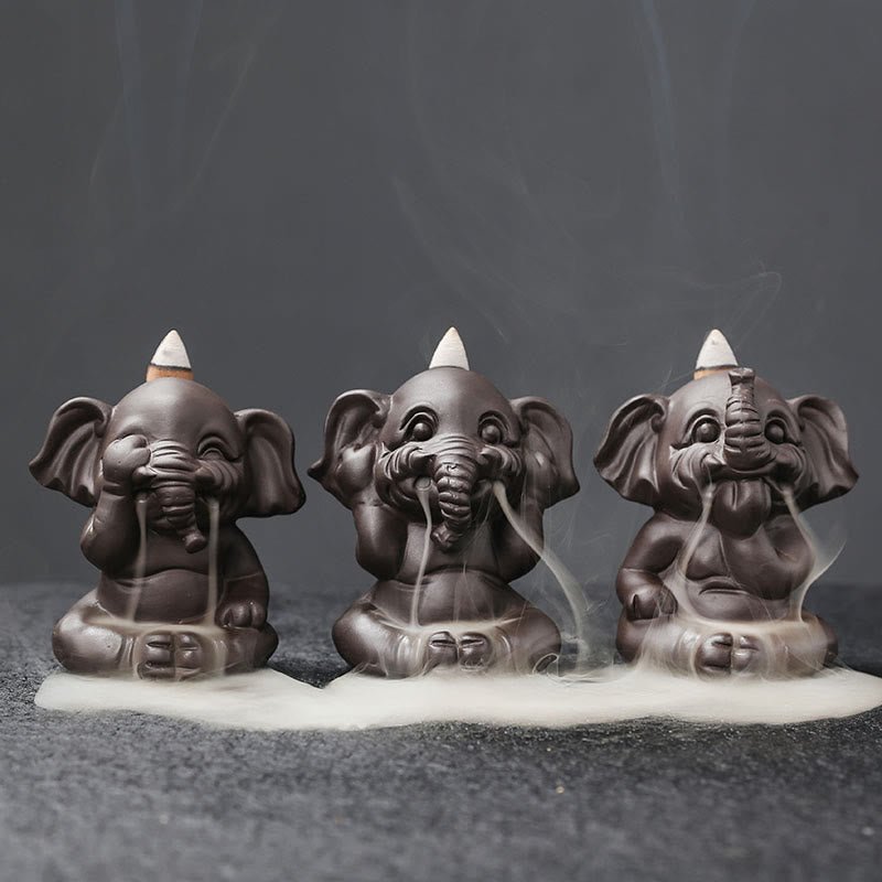 Cute Elephant Purple Clay Backflow Smoke Fountain Peace Incense Burner Decoration