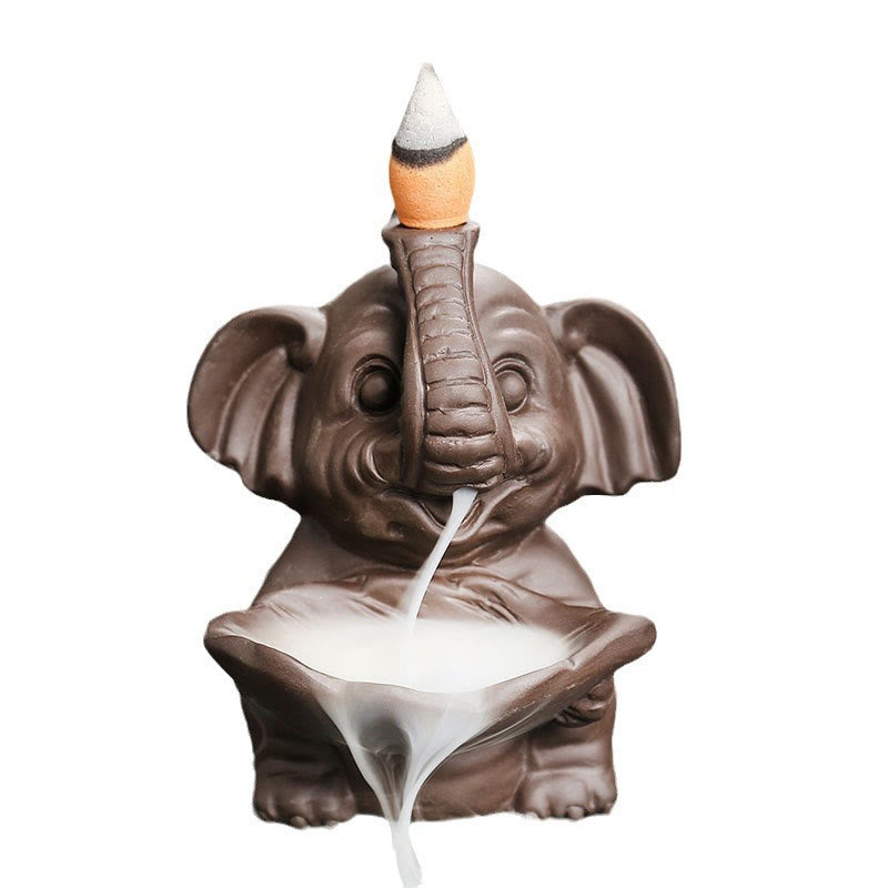 Little Elephant Holding Leaf Purple Clay Backflow Smoke Fountain Incense Burner Decoration