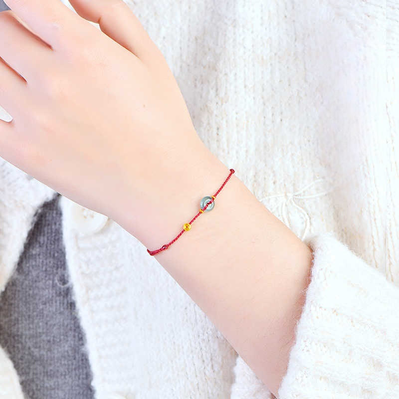 Peace Buckle Copper Coins Jade Red String Connection Bracelet Anklet