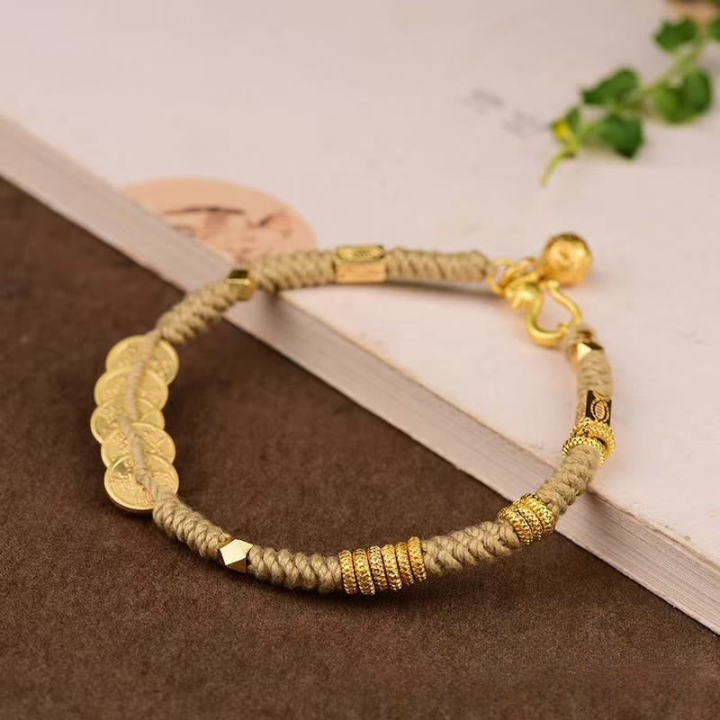 Handmade Five Emperor Coins Wealth String Braided Bracelet