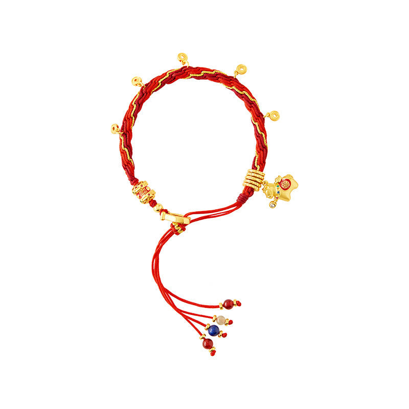Copper Plated 18k Gold Year Of The Horse Fu Character Red String Luck Braided Bracelet