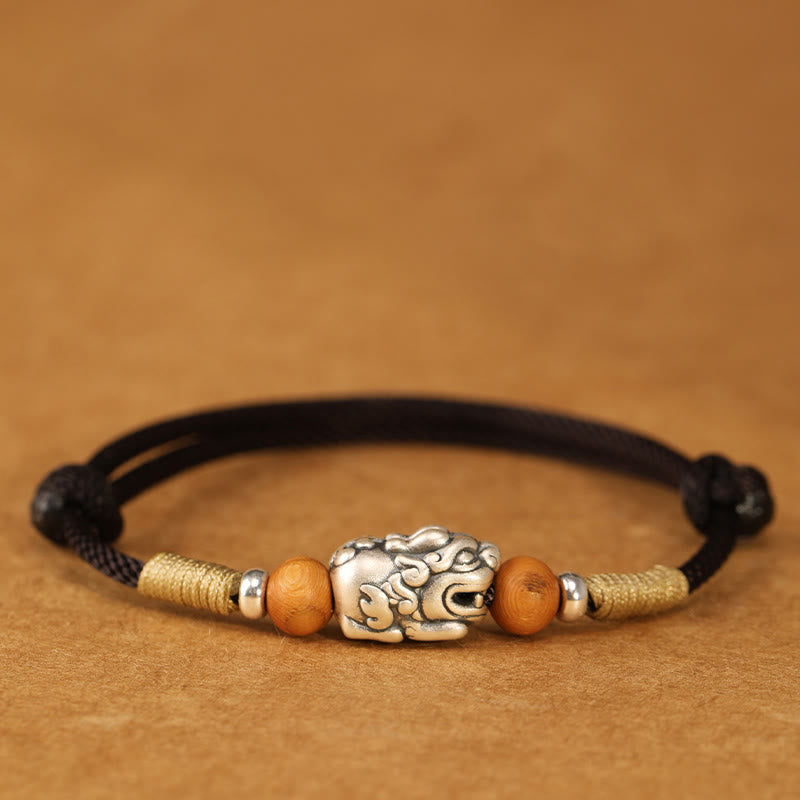 999 Sterling Silver Pixiu Charm Peach Wood Bead Handmade String Braided Luck Bracelet Anklet