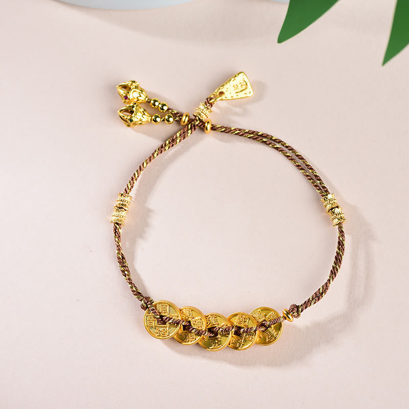 Five-Emperor Coins Copper Balance Hand-Woven String Bracelet