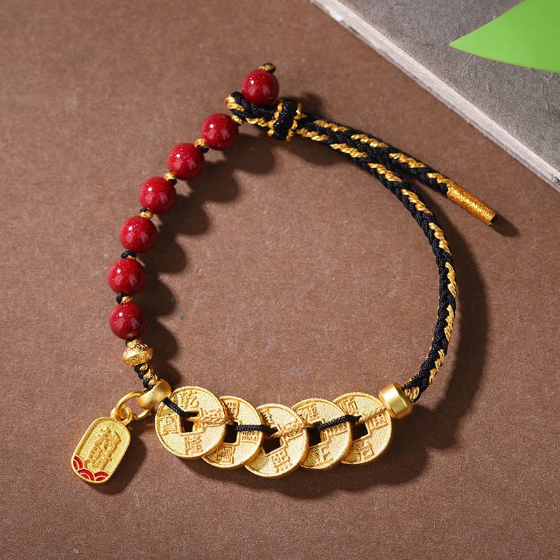 Five-Emperor Coins Copper Amethyst Cinnabar Black Red String Balance Attract Fortune Bracelet