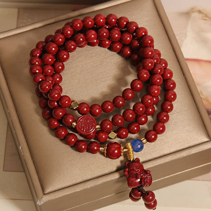 Tibetan 108 Beads Cinnabar Lucky Cat Fu Character Fortune Mala