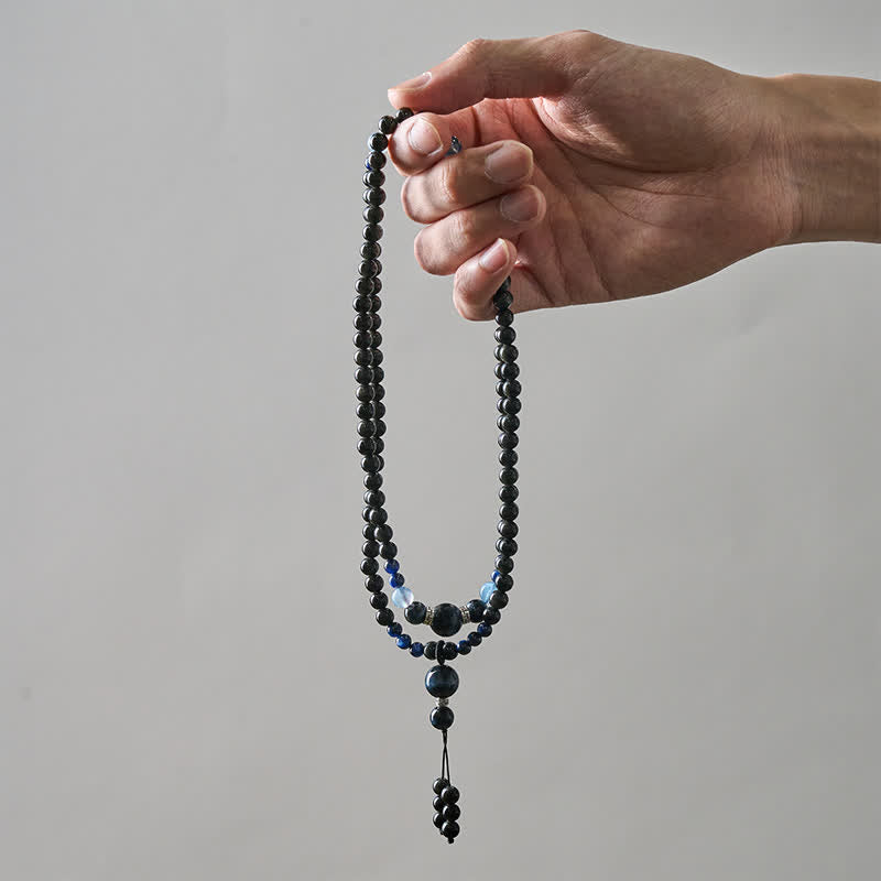 Black Obsidian Protection Handcrafted Round Tassel 108 Bead Mala