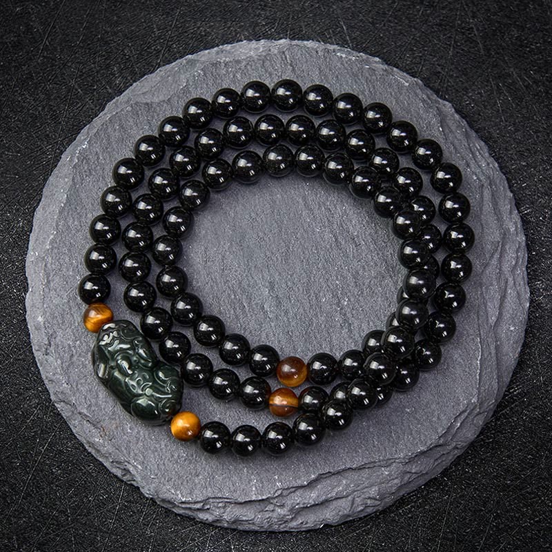 PiXiu Rainbow Obsidian Black Obsidian Wealth Hand Carved Bead Bracelet