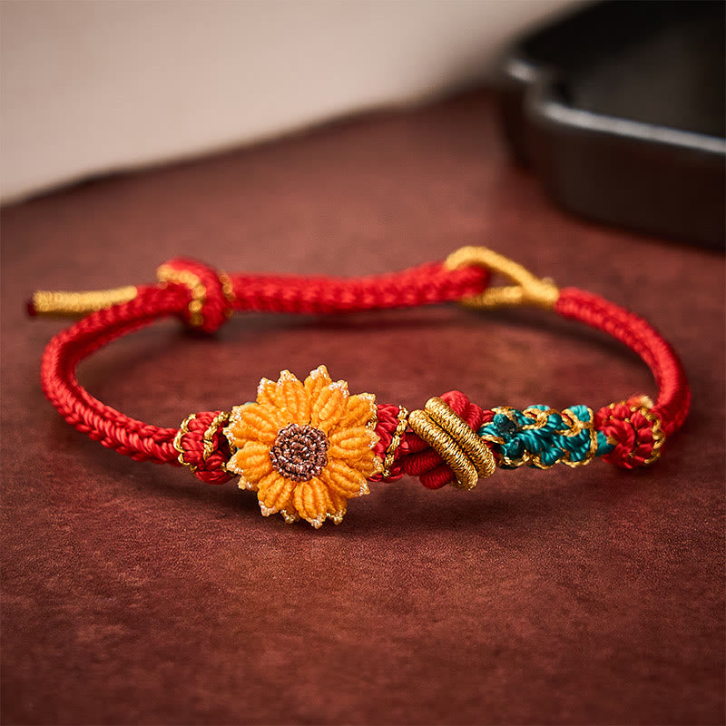 Hand-Woven Red String Peach Blossom Sunflower Luck Bracelet
