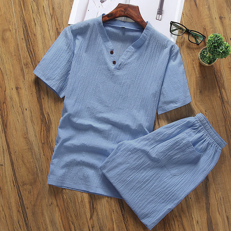 Casual 2Pcs Plain Sleeve T-Shirt Shorts With Pockets Men's Meditation Cloth Set