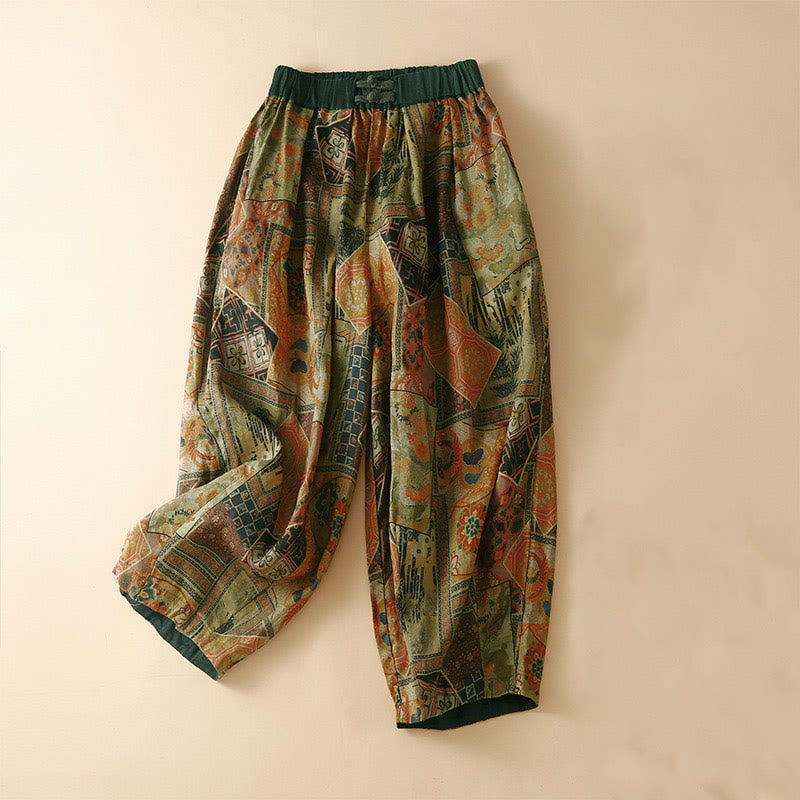 Retro Casual Chinese Frog-Button Design Women's Harem Pants With Pockets