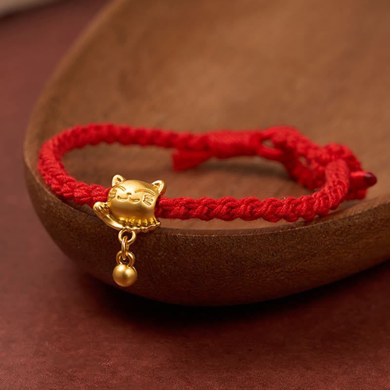 Tibetan Red String Copper Lucky Cat Drop Ball Pendant Hand-Woven Protection Bracelet