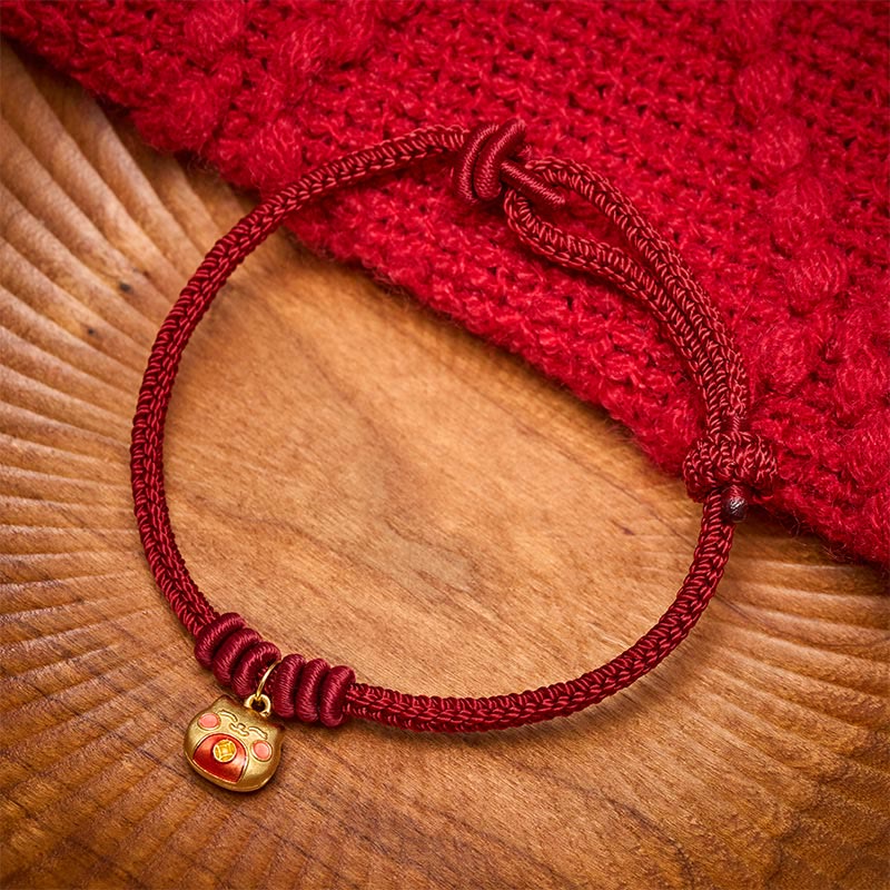 Gold Plated 925 Sterling Silver Cat Red String Protection Bracelet