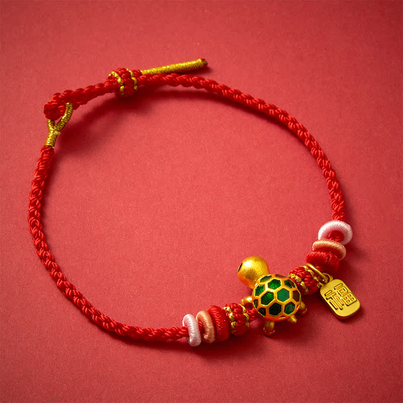 Hand-Woven Red String Turtle Fu Character Endurance Bracelet