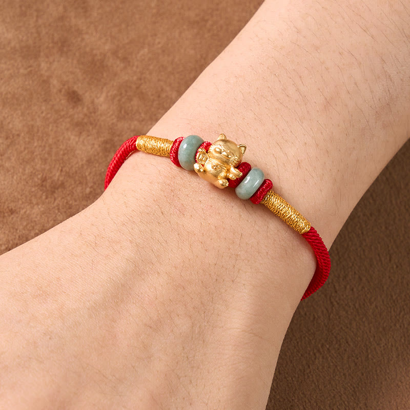 Hand-Woven Red String Jade Lucky Cat Beads Connection Bracelet