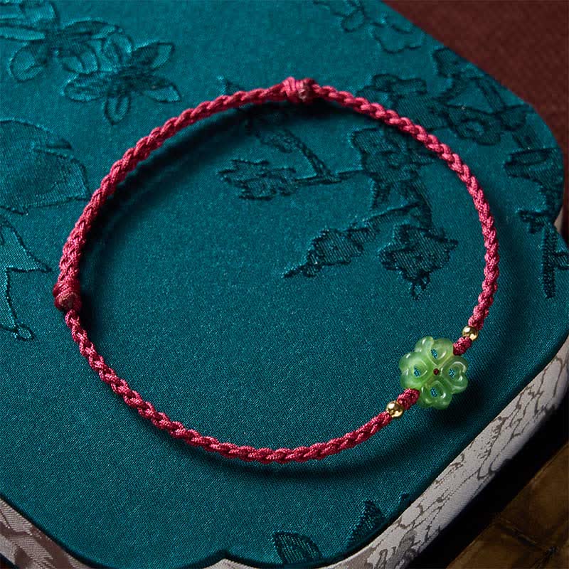 Natural Hetian Cyan Jade Four-leaf Clover Luck Red Rope Bracelet