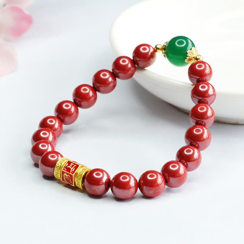 Natural Cinnabar Green Agate Om Mani Padme Hum Pattern Blessing Bracelet