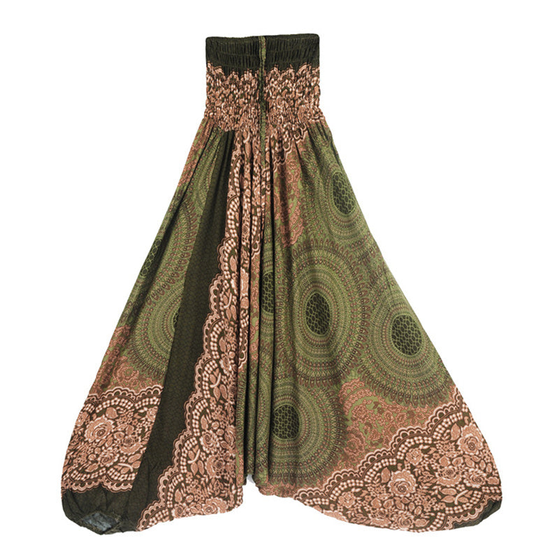 Two Style Wear Round Geometric Pattern Loose Smocked Harem Trousers Jumpsuit High Waist Women's Yoga Pants