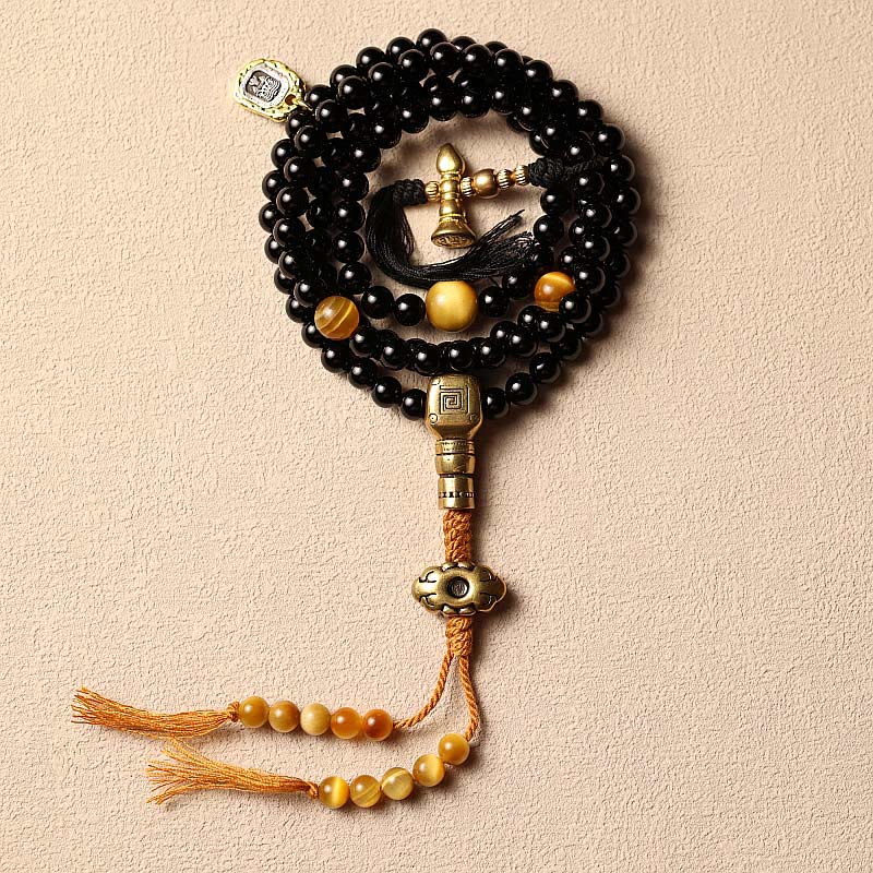 Tibetan 108 Mala Beads Black Onyx Tiger Eye Beads Nine Palaces Bagua Protection Bracelet