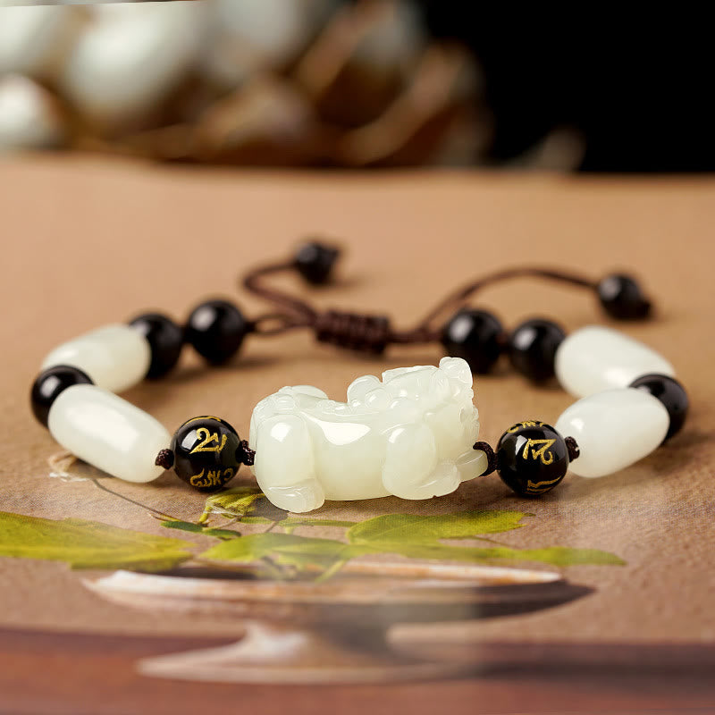 Natural Hetian White Jade PiXiu Wealth String Bracelet