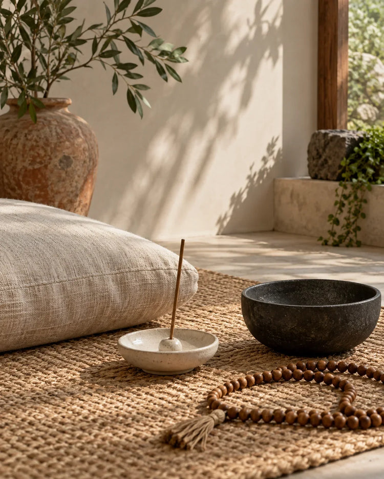 Natural home and meditation objects in a sunlit corner