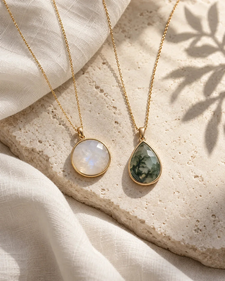 Natural stone necklaces and pendants on linen