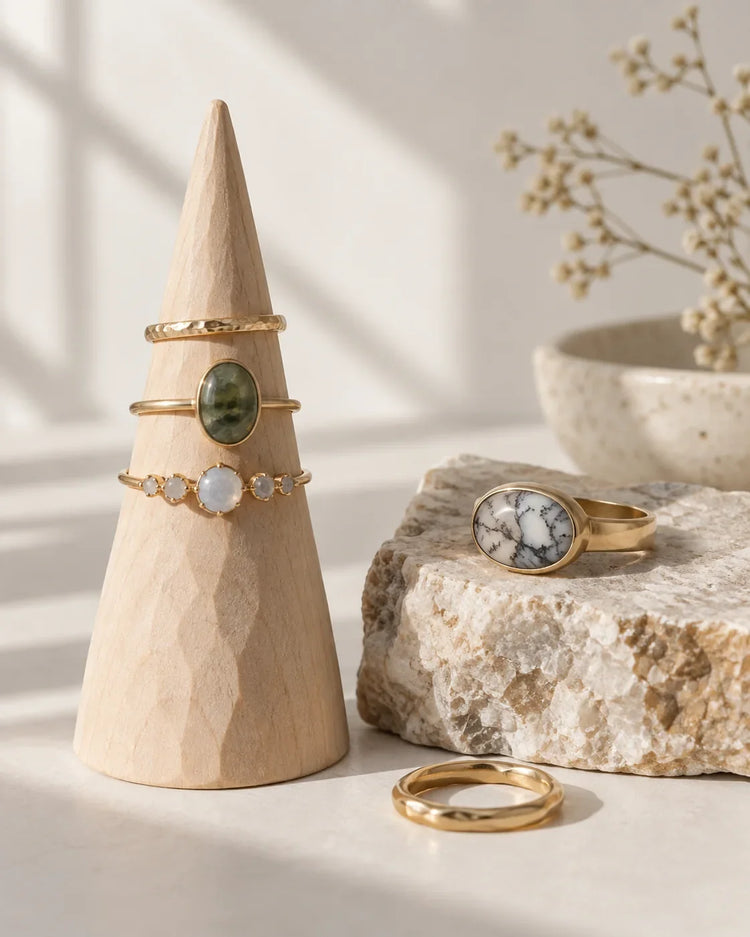 Natural stone and warm metal rings