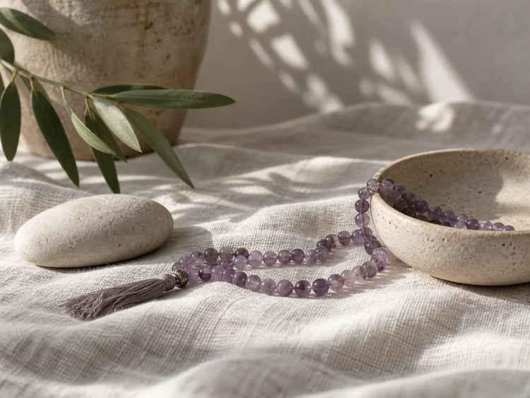 Amethyst and pale stone objects in soft daylight