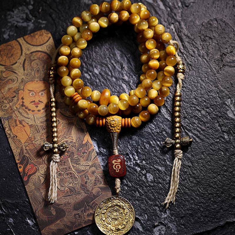 108 Mala Beads Natural Tiger Eye Copper Dorje Protection Tassel Bracelet