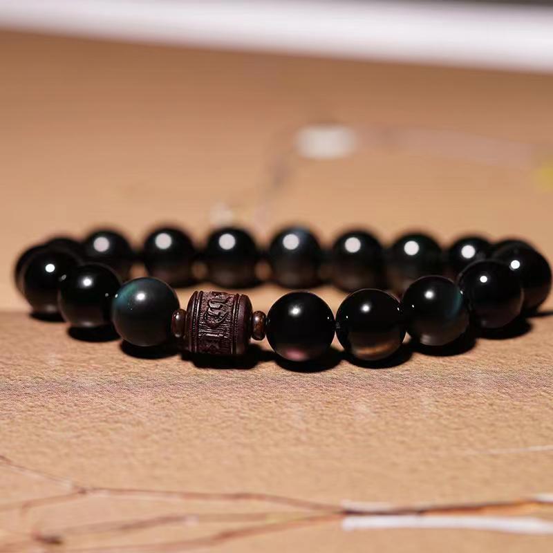 Natural Gold Sheen Obsidian Rainbow Obsidian Om Mani Padme Hum Fu Character Bracelet