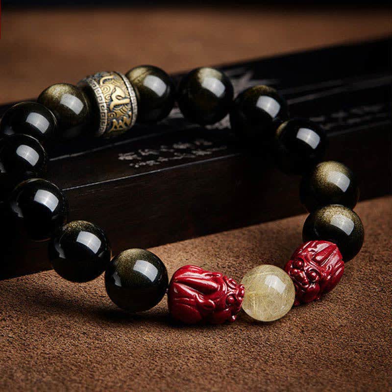 Gold Sheen Obsidian PiXiu Cinnabar Om Mani Padme Hum Protection Bracelet