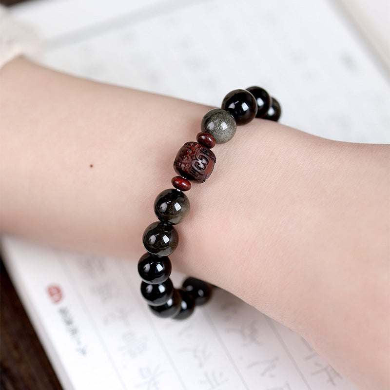 Natural Gold Sheen Obsidian Rainbow Obsidian Om Mani Padme Hum Fu Character Bracelet