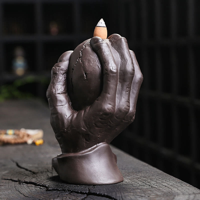 Halloween Skull With Ghost Hand Purple Clay Spiritual Incense Burner Decoration