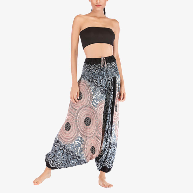 Two Style Wear Round Geometric Pattern Loose Smocked Harem Trousers Jumpsuit High Waist Women's Yoga Pants