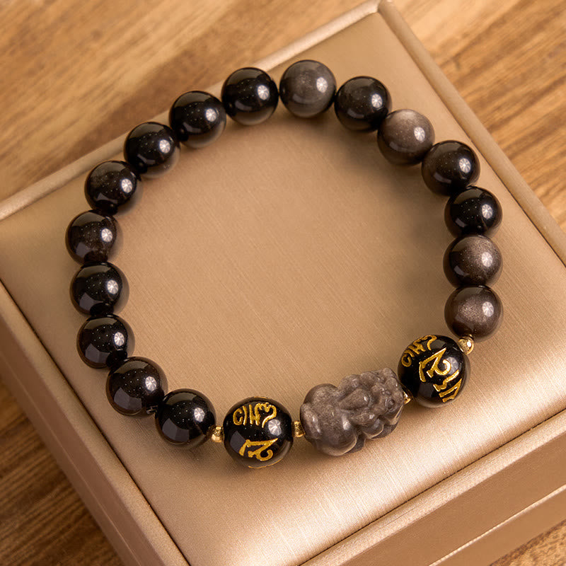 Natural Silver Sheen Obsidian Black Obsidian Om Mani Padme Hum Pixiu Protection Bracelet